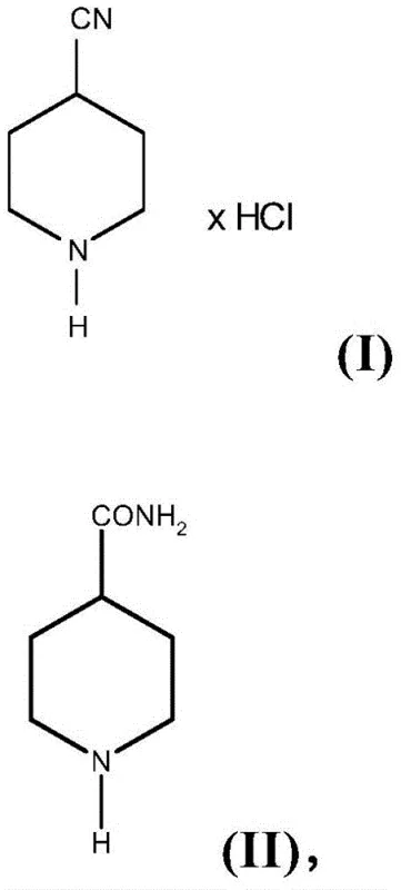 Chemical structures of 4-cyanopiperidine hydrochloride product and 4-piperidinecarboxamide starting material