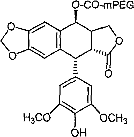 Chemical structure of 4'-demethylpodophyllotoxin conjugated with mPEG via an ester bond