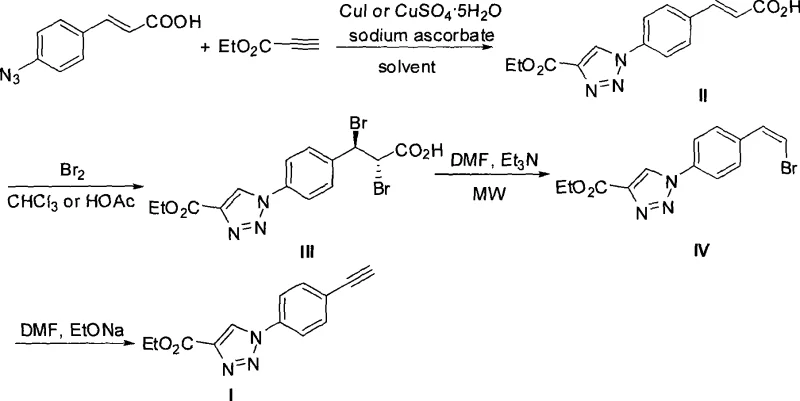 Overall synthetic route from p-azidocinnamic acid to 4-(4-ethoxycarbonyl-1,2,3-triazole)phenylacetylene showing four distinct chemical transformation steps