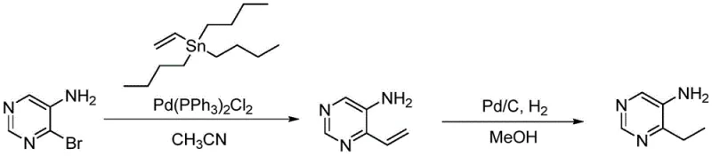 Schematic representation of the two-step synthesis of 4-ethyl-5-aminopyrimidine via Stille coupling and hydrogenation