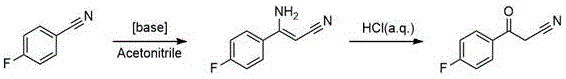 Prior art synthesis showing low yield condensation of p-fluorobenzonitrile