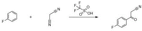 Novel synthesis route using fluorobenzene and malononitrile with triflic acid