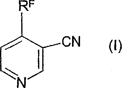 General structure of 4-haloalkylnicotinonitrile (I) showing the pyridine ring with RF and CN substituents