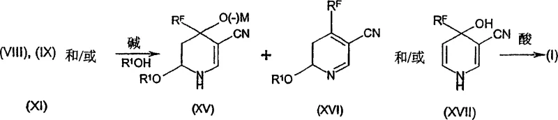 Ring closure mechanism showing conversion of intermediates XV-XVII to final product I via base catalysis and acidification