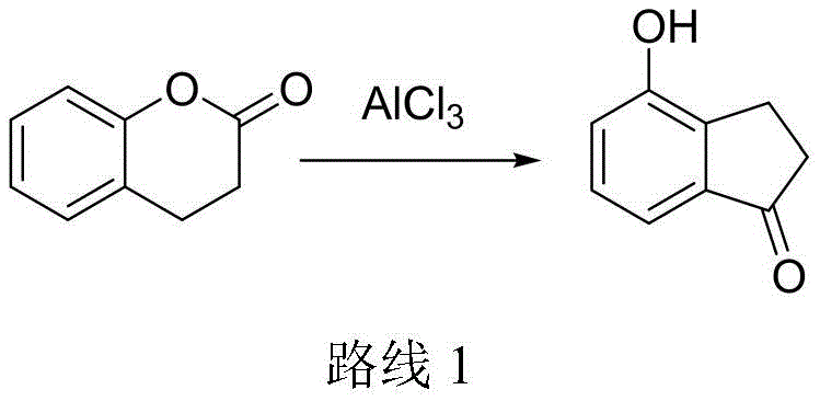 Conventional Route 1 showing the high-temperature aluminum chloride rearrangement of dihydrocoumarin