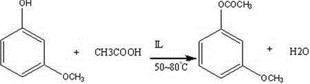 Step 1 reaction scheme showing ionic liquid catalyzed esterification of m-hydroxyanisole to 3-acetoxyanisole