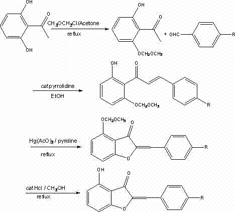Complete synthetic route diagram showing the four-step transformation from dihydroxyacetophenone to 4-hydroxy aurone