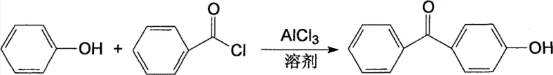 Reaction equation showing the Friedel-Crafts acylation of phenol with benzoyl chloride to form 4-hydroxybenzophenone using AlCl3 catalyst