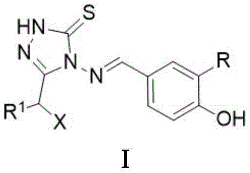 General structural formula I of 4-(4-hydroxyphenylmethyleneamino)-1H-1,2,4-triazole-5(4H)-thione derivatives showing variable substituents R1, X, and R