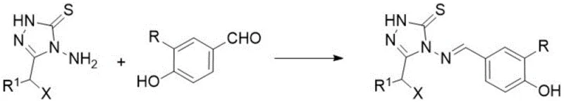 General synthetic route showing condensation of 4-amino-triazole-thione with substituted benzaldehyde in acetic acid