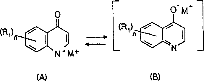 Tautomeric equilibrium between anionic lactam form A and enolate form B in the presence of metal cation M+