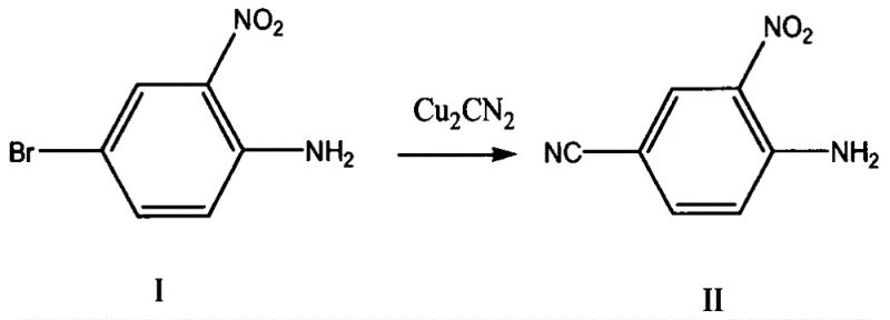 Chemical reaction scheme showing the conversion of 4-bromo-2-N-methyl-p-nitroaniline to 4-cyano-2-N-methyl-p-nitroaniline using cuprous cyanide