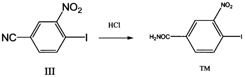Hydrolysis reaction scheme converting 4-iodo-3-p-nitrile to 4-iodo-3-nitrobenzamide using hydrochloric acid