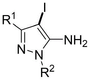 General chemical structure of 4-iodo-5-aminopyrazole derivatives showing variable R1 and R2 groups