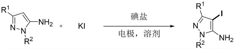 General reaction scheme showing electrochemical iodination of 5-aminopyrazole using KI and electricity