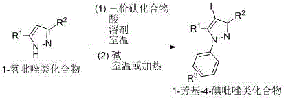 Two-step reaction mechanism showing pyrazole compound reacting with trivalent iodine reagent under acid conditions followed by base addition to form 4-iodo-N-arylated product