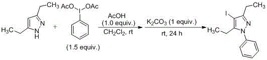 Implementation example showing synthesis of 3,5-diethyl-4-iodo-1-phenylpyrazole with NMR validation