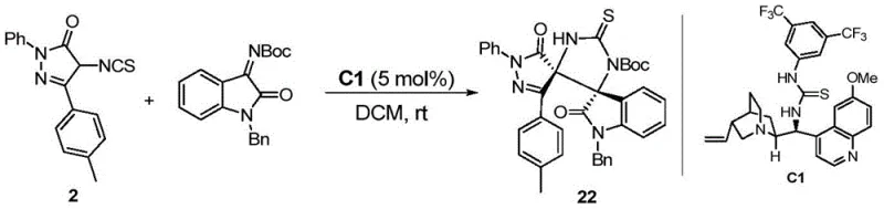 Asymmetric synthesis of spiro-compound 22 using chiral catalyst C1