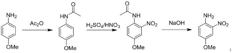 Reaction scheme showing the three-step synthesis of 4-methoxy-2-nitroaniline via acetylation, nitration, and hydrolysis