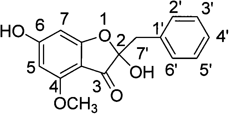 Chemical structure of 4-methoxy-2,6-dihydroxy-2-benzyl-3(2H)-benzofuranone showing the core benzofuranone scaffold with specific substitution patterns