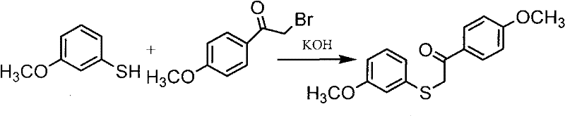 Reaction scheme showing the condensation of 3-methoxythiophenol and alpha-bromo-4-methoxyacetophenone catalyzed by KOH to form the thioether intermediate