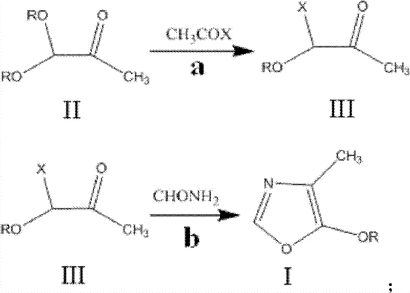 Reaction scheme showing the two-step synthesis from 1,1-dialkoxy acetone to 4-methyl-5-alkoxyl oxazole via 1-alkoxy-1-haloacetone