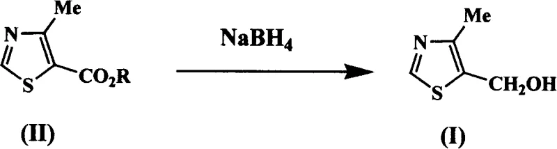 Reaction scheme showing the reduction of 4-methyl-5-thiazole carboxylate to 4-methyl-5-hydroxymethylthiazole using borohydride and base catalyst