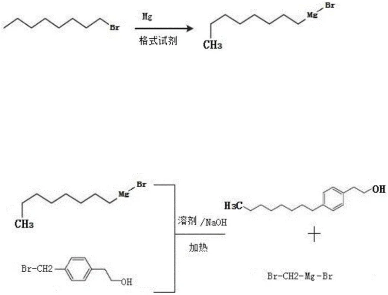 Reaction scheme showing direct alkylation of bromo-phenethyl alcohol with n-octyl magnesium bromide