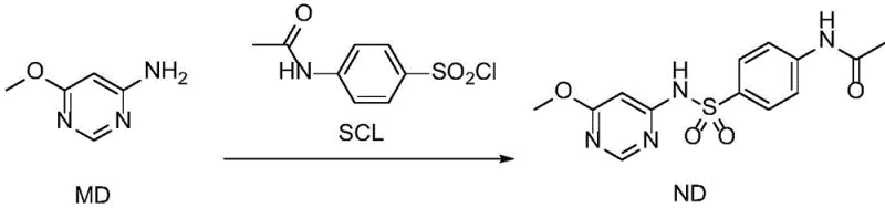 Reaction scheme showing the condensation of 4-amino-6-methoxypyrimidine and 4-acetamidobenzenesulfonyl chloride to form the target sulfonamide