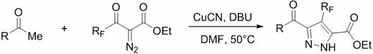General reaction scheme for copper-catalyzed synthesis of 4-polyfluoroalkyl-3,5-dicarbonylpyrazoles