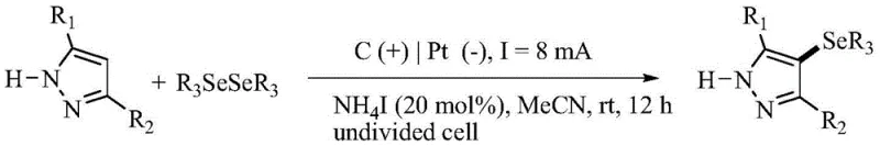 Substrate scope showing various 4-seleno-1H-pyrazole derivatives synthesized via the electrochemical method