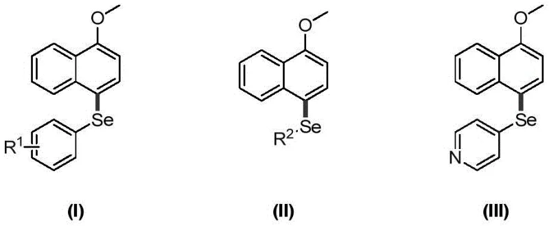 General chemical structures of 4-selenomethoxynaphthalene derivatives showing variable R groups