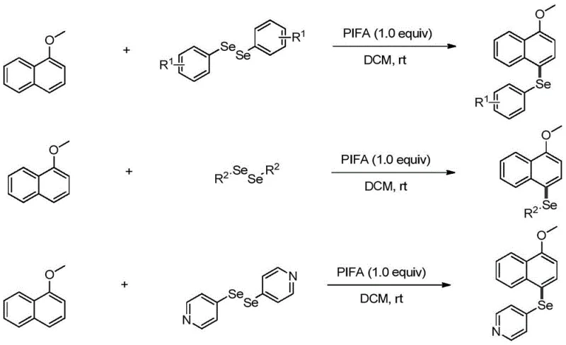 General reaction scheme showing PIFA oxidized selenization of 1-methoxynaphthalene