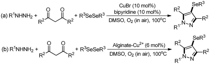Conventional copper-catalyzed synthesis of 4-selenopyrazole derivatives requiring high temperature and oxidants