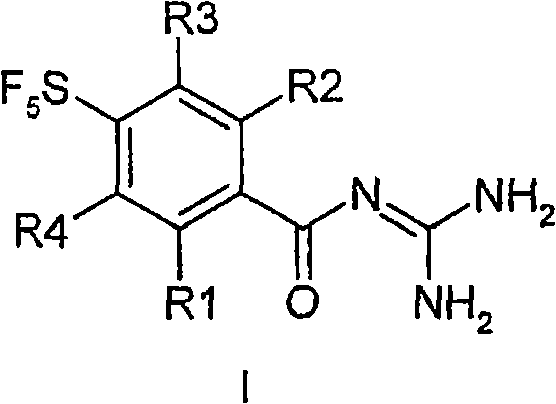 General chemical structure of Formula I 4-pentafluorosulfanylbenzoylguanidine derivatives