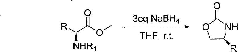 General reaction scheme showing the one-step conversion of N-protected amino acid esters to 4-substituted oxazolidinones using 3 equivalents of NaBH4 in THF at room temperature