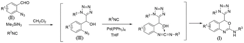 Overall synthetic route showing the conversion of o-azidobenzaldehyde to the final benzoxazine derivative