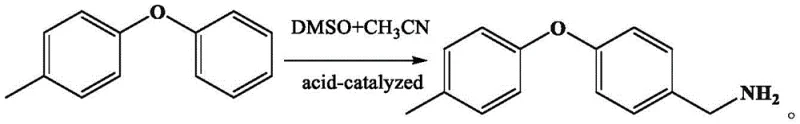 Reaction scheme showing the acid-catalyzed conversion of 4-phenoxytoluene to 4-tolyloxy benzylamine using DMSO and acetonitrile