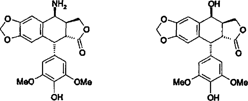 Chemical structures of target 4β-amino-4'-demethyl-4-deoxypodophyllotoxin (Formula 1) and starting material 4'-demethylepipodophyllotoxin (Formula 2)