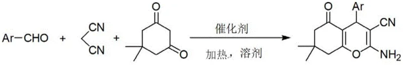 General reaction scheme for the synthesis of 4H-benzo[b]pyran compounds using aromatic aldehyde, malononitrile, and daminone catalyzed by hydroxyl compounds