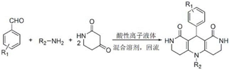 General reaction scheme for synthesizing 5,10-diaryl pyrido naphthyridine derivatives using acidic ionic liquid catalysis