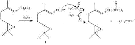 Reaction mechanism showing sodium acetate catalyzed acetylation of epoxy-alcohol to form the target acetate ester