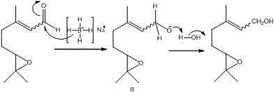 Reaction mechanism showing the reduction of 6,7-epoxycitral to 5-(3,3-dimethyloxiranyl)-3-methyl-2-penten-1-ol using NaBH4