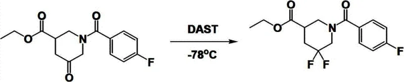Prior art DAST fluorination reaction scheme showing harsh conditions and byproduct formation
