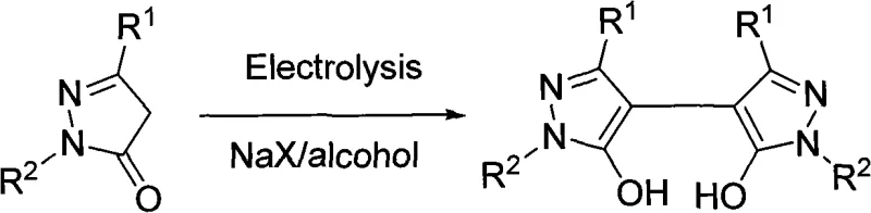 General reaction scheme showing electrochemical oxidative coupling of 5-pyrazolone to 5,5'-dihydroxy-4,4'-bispyrazole