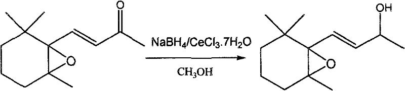 Chemical reaction scheme showing the selective reduction of 5,6-epoxy-5,6-dihydro-beta-ionone to 5,6-epoxy-5,6-dihydro-beta-ionol using NaBH4 and CeCl3