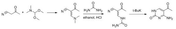 Conventional multi-step synthesis route of 5-acetylcytosine from cyanoacetone showing low yield and complexity