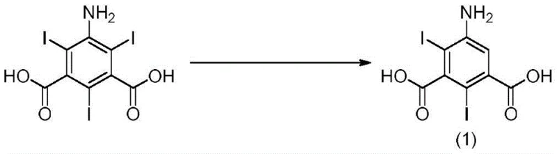 Synthetic route showing selective deiodination of 5-amino-2,4,6-triiodo-1,3-phthalic acid to 5-amino-2,4-diiodo-1,3-phthalic acid