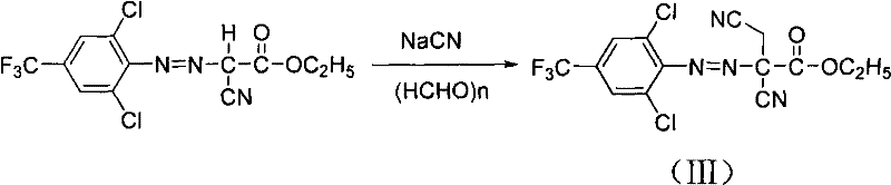 Step B reaction mechanism showing cyanation and formaldehyde addition to form the dicyano intermediate
