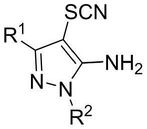 General chemical structure of 5-aminopyrazole-4-thiocyanate compounds showing variable R groups